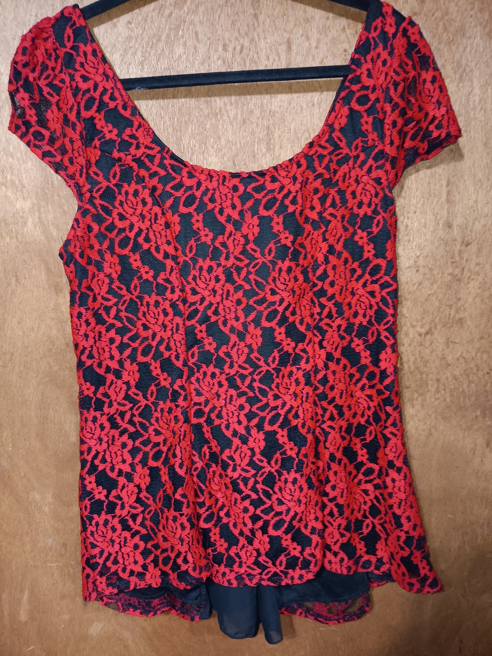 Deb Red Lace Overlay Scoop Neck Blouse with Black Underlay